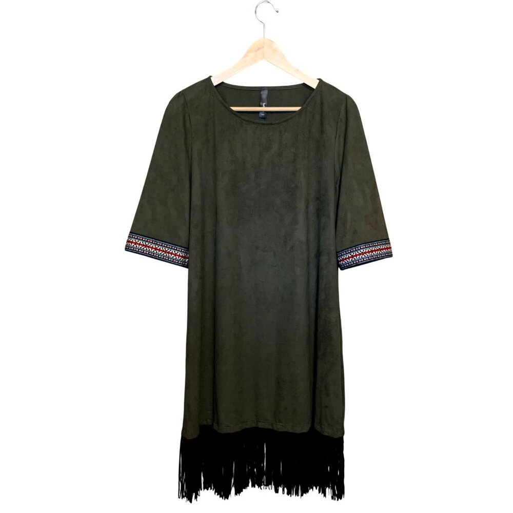 Yahada Olive Green Fringe Hem Boho Tunic‎ Dress
